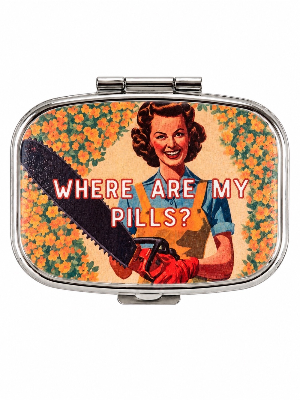 Retro Where Are My Pills Novelty Pill Box Silver Compact
